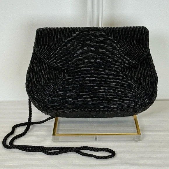 Sak’s Fifth Avenue Black Beaded Evening Bag Purse Clutch Magnetic Closure - Picture 8 of 11